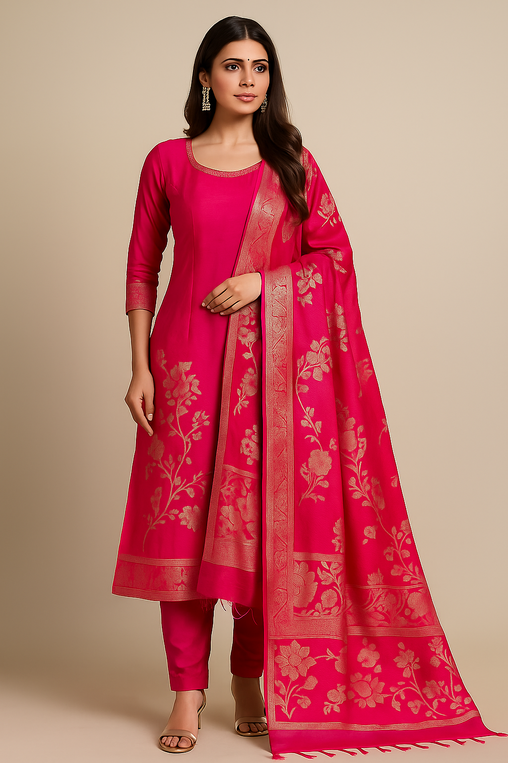 Banarasi Katan Silk Suit Set with Meenedar Dupatta & Plain Shalwar