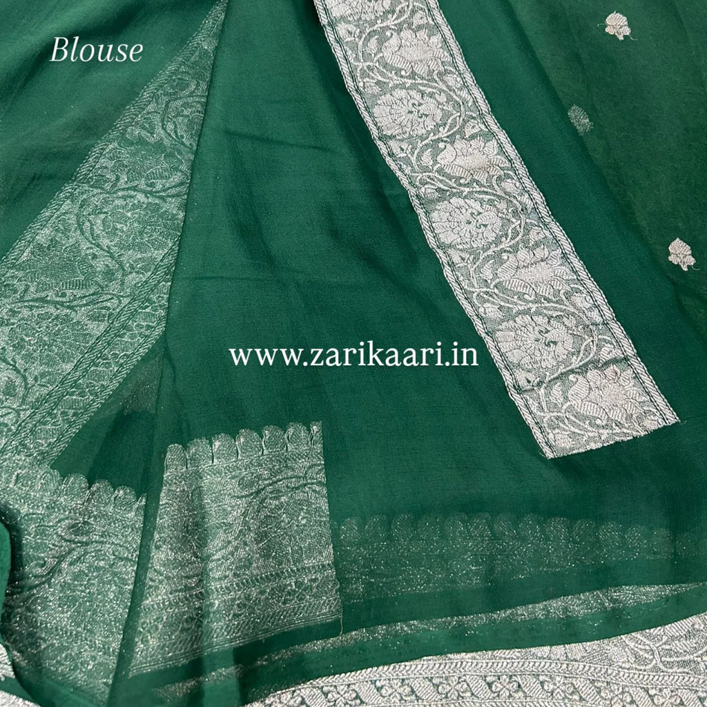 Pure Handloom Georgette Banarasi Saree - Dark Green