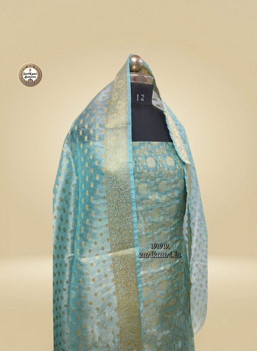 Banarasi Tissue Silk Suit Set with Meenedar Zari Dupatta & Plain Shalwar Jaal Work