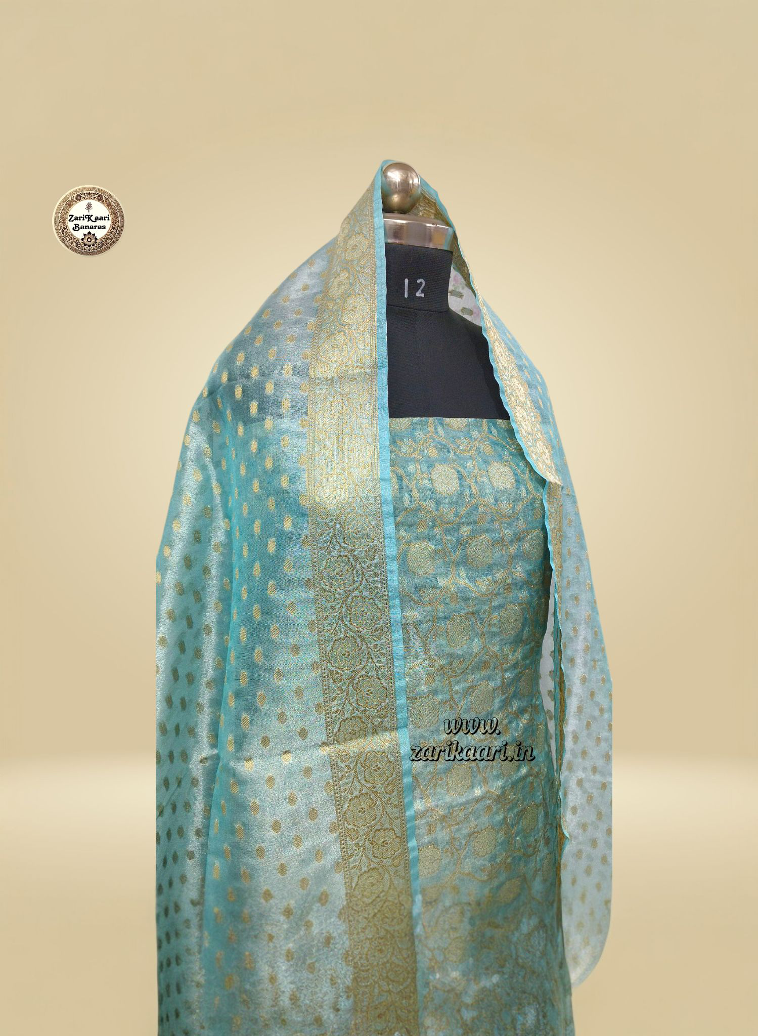 Banarasi Tissue Silk Suit Set with Meenedar Zari Dupatta & Plain Shalwar Jaal Work