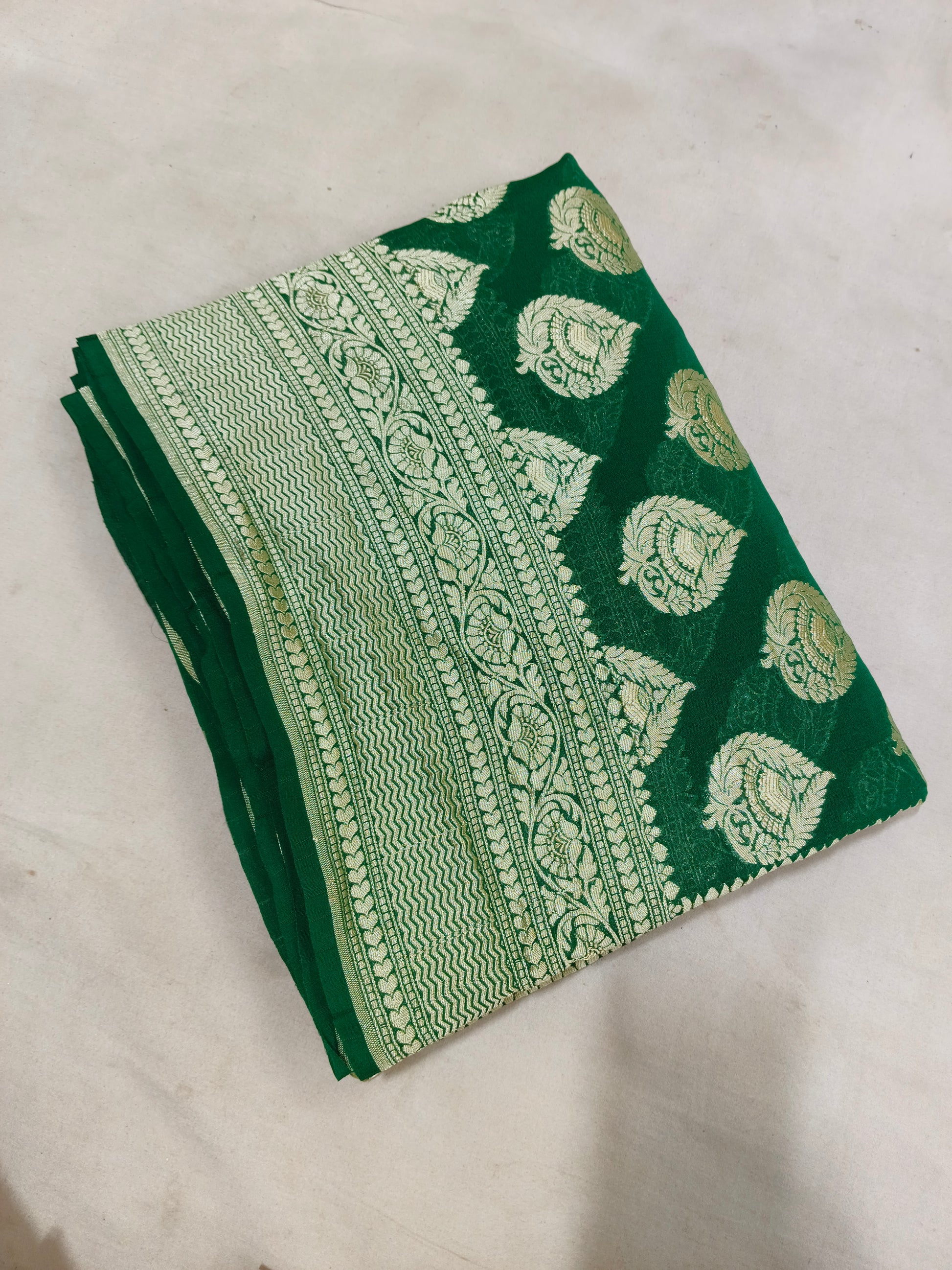 Bottle-Green Banarasi Pure Handloom Khaddi Georgette Chiffon with Water Zari