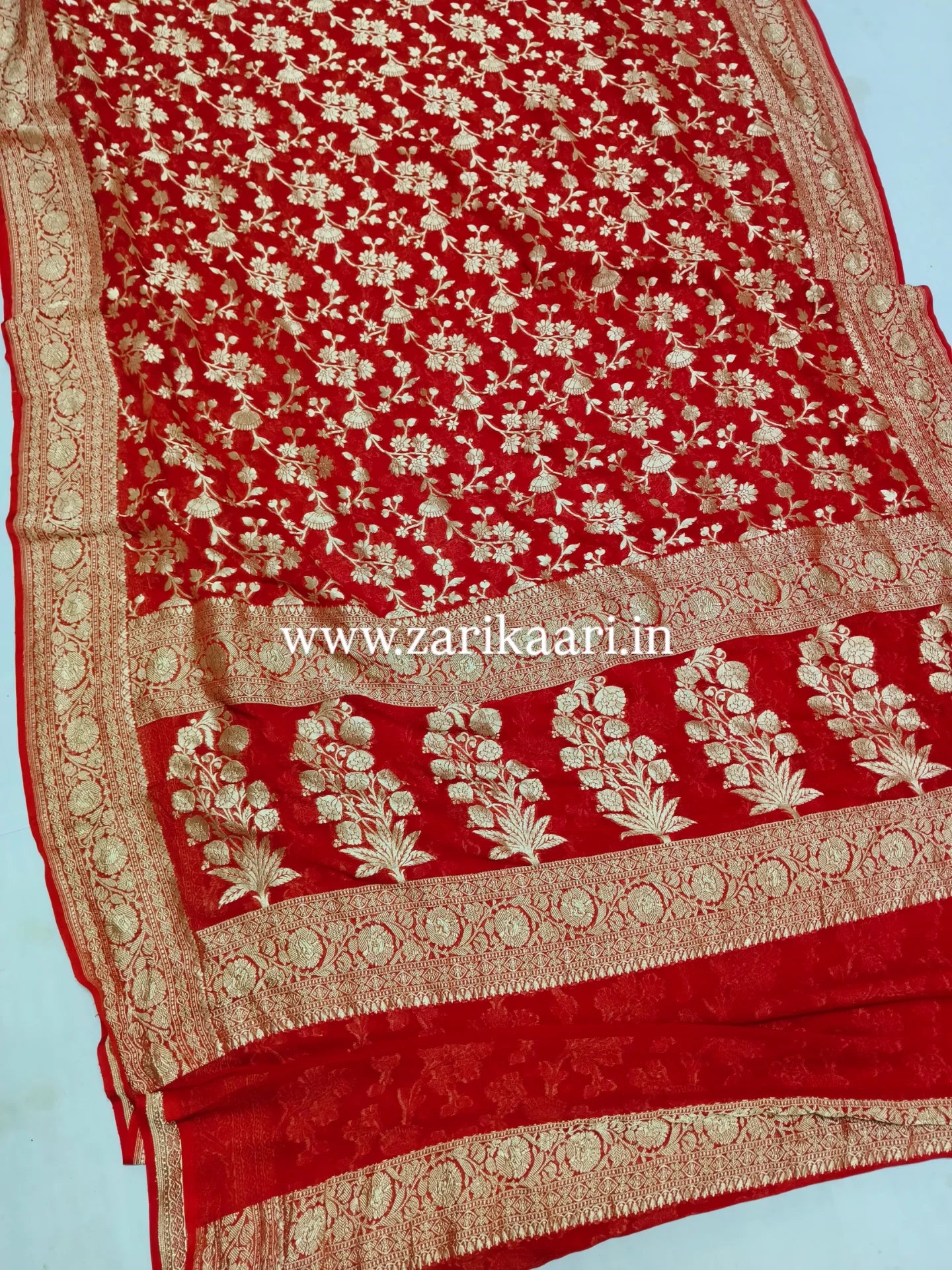 Red Banarasi Pure Handloom Khaddi Georgette Chiffon with Watar-Gold Zari Saree
