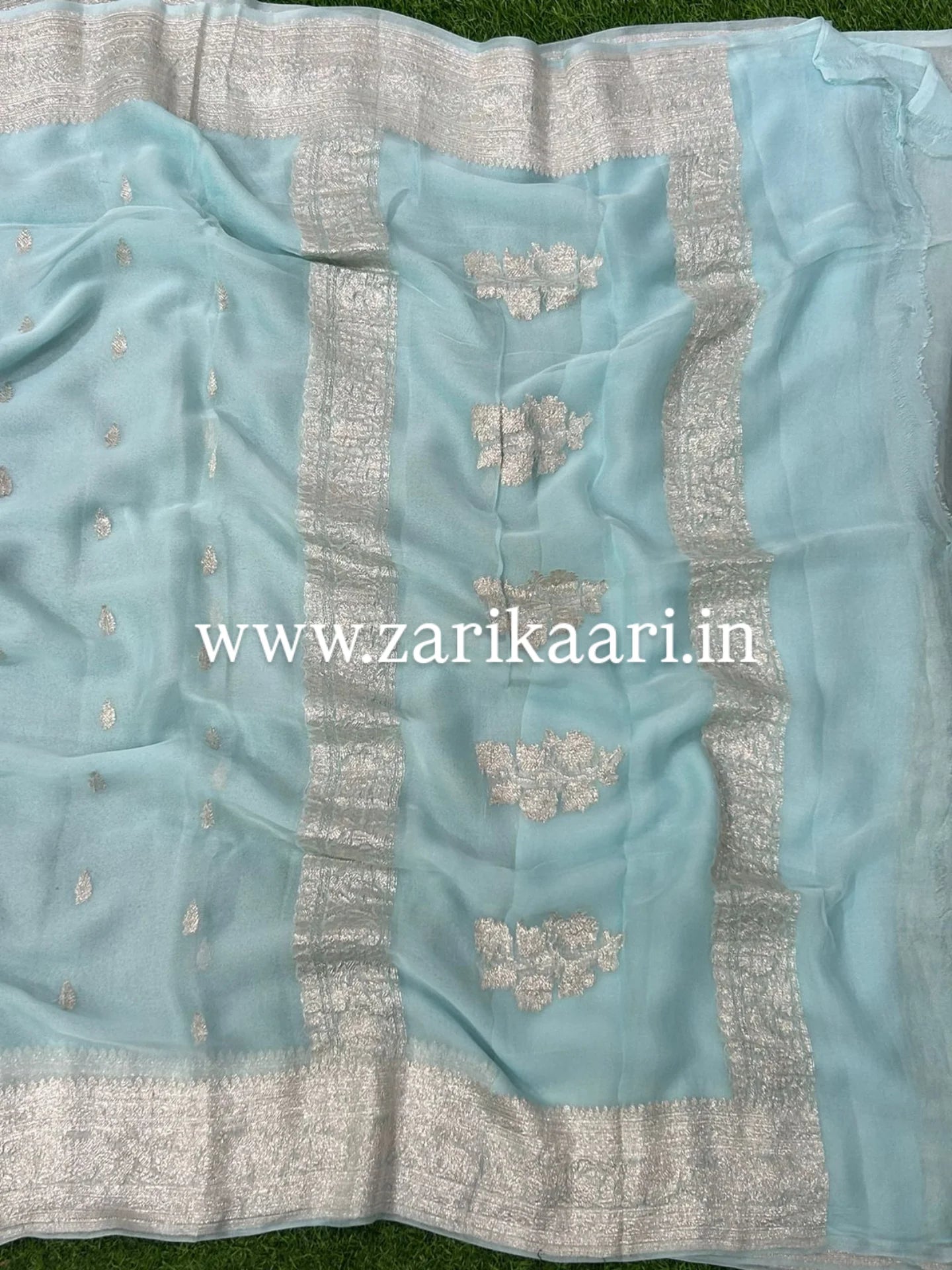 Pure Handloom Georgette Banarasi Saree - Sky-blue
