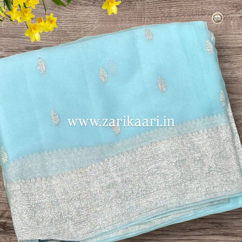Pure Handloom Georgette Banarasi Saree - Sky-blue