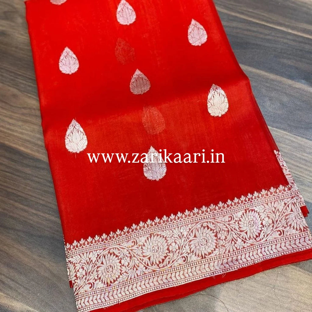 Red Banarasi Pure Handloom Chiffon Kadhwa Saree with Ropa Boti.