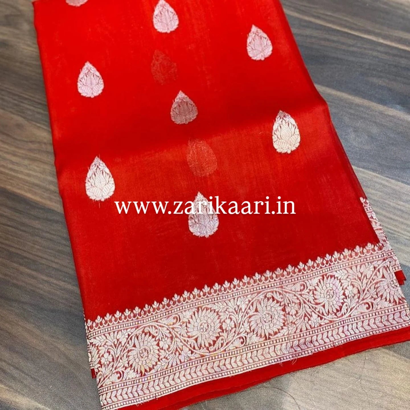 Red Banarasi Pure Handloom Chiffon Kadhwa Saree with Ropa Boti.