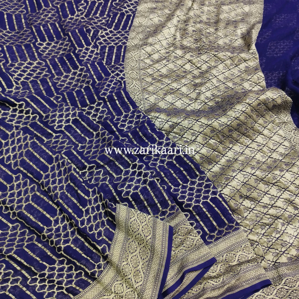 Dark-Blue Banarasi Pure Handloom Khaddi Georgette Chiffon with Water Zari Saree