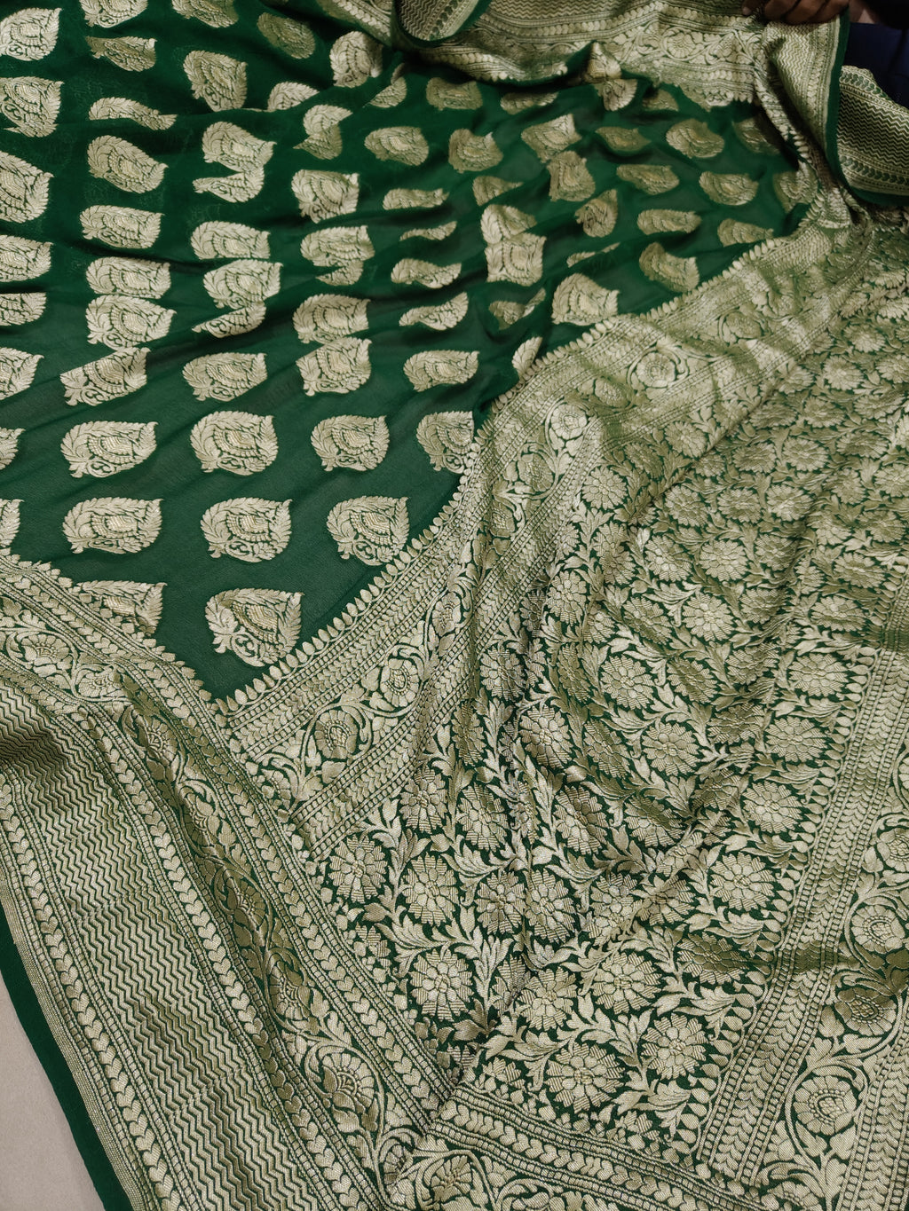 Bottle-Green Banarasi Pure Handloom Khaddi Georgette Chiffon with Water Zari