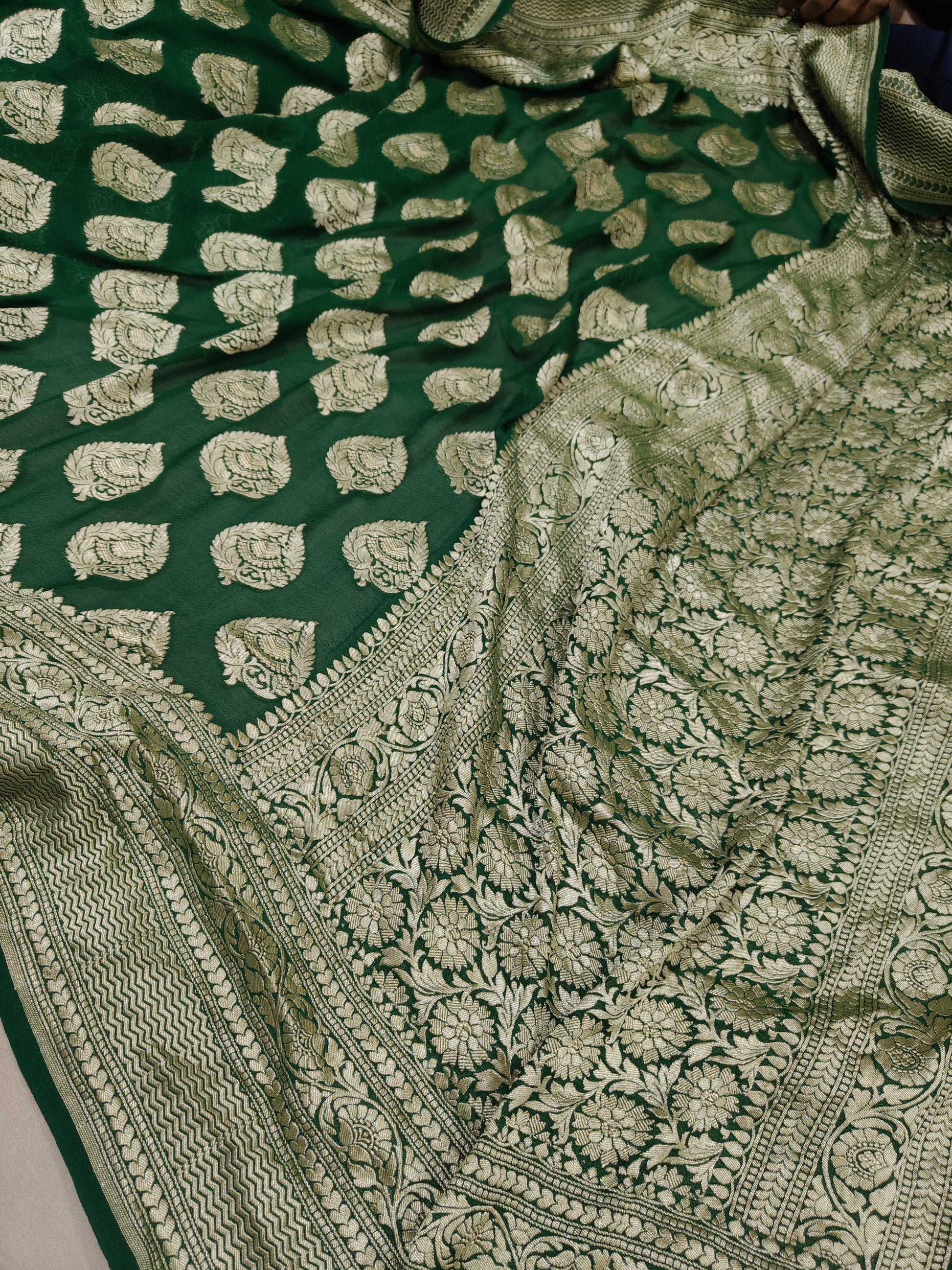Bottle-Green Banarasi Pure Handloom Khaddi Georgette Chiffon with Water Zari