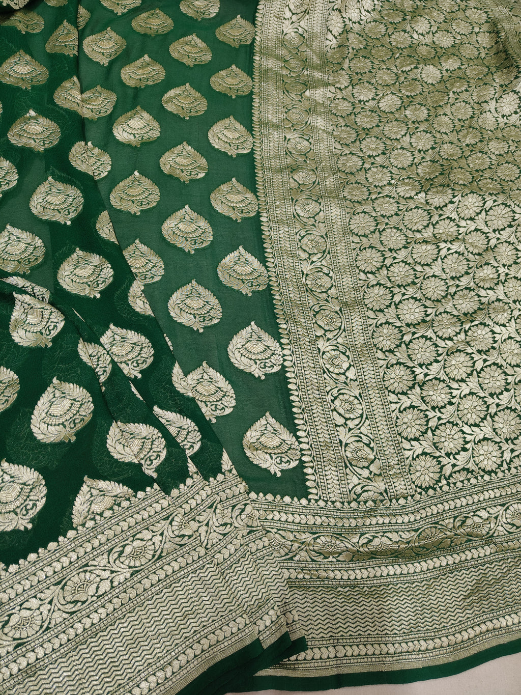 Bottle-Green Banarasi Pure Handloom Khaddi Georgette Chiffon with Water Zari