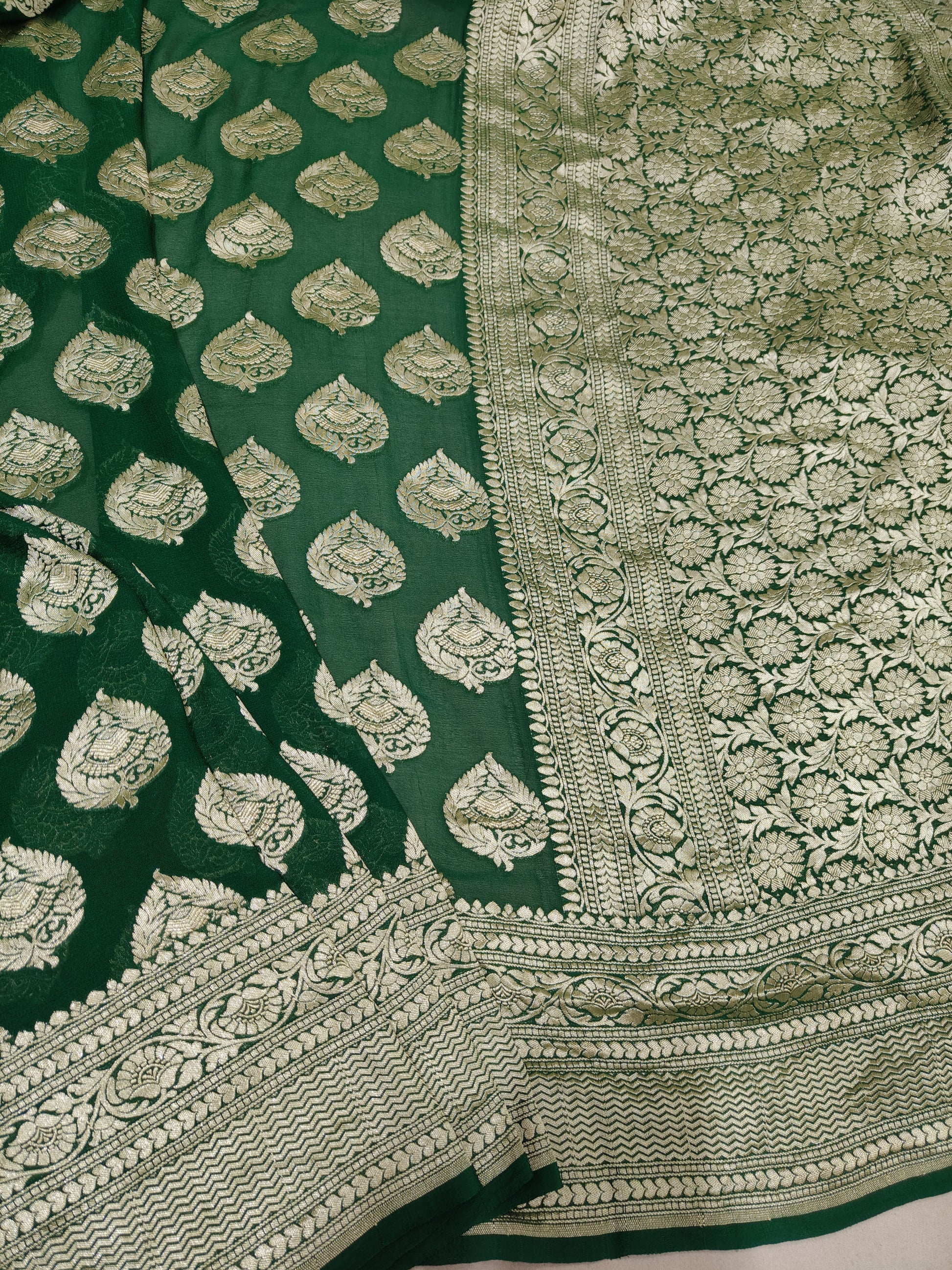 Bottle-Green Banarasi Pure Handloom Khaddi Georgette Chiffon with Water Zari