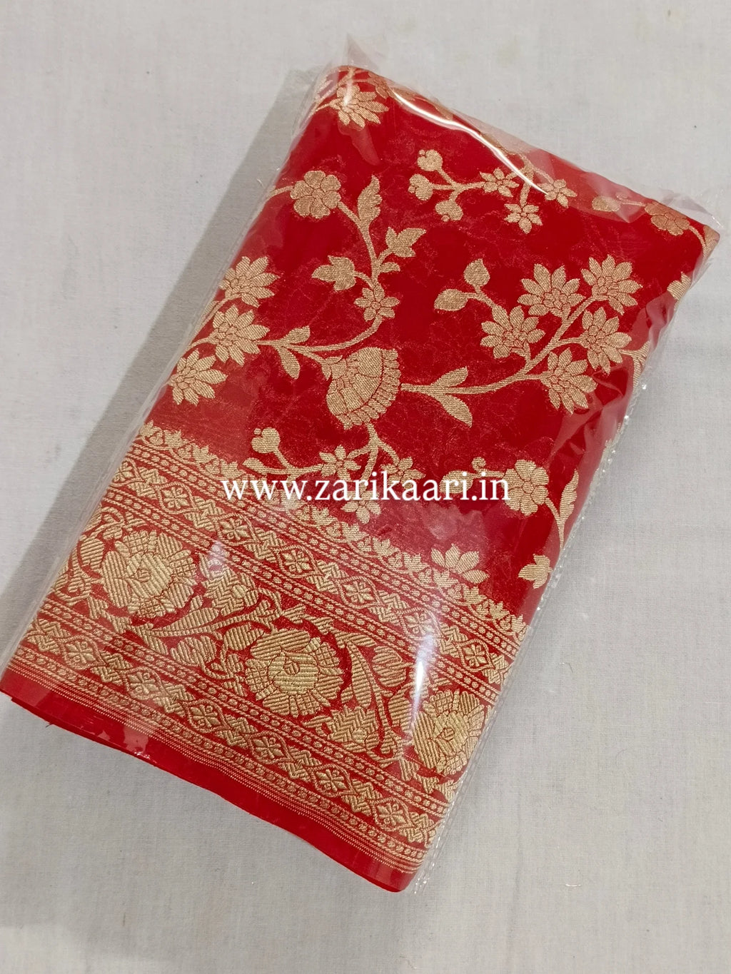 Red Banarasi Pure Handloom Khaddi Georgette Chiffon with Watar-Gold Zari Saree