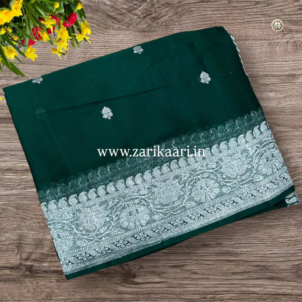 Pure Handloom Georgette Banarasi Saree - Dark Green