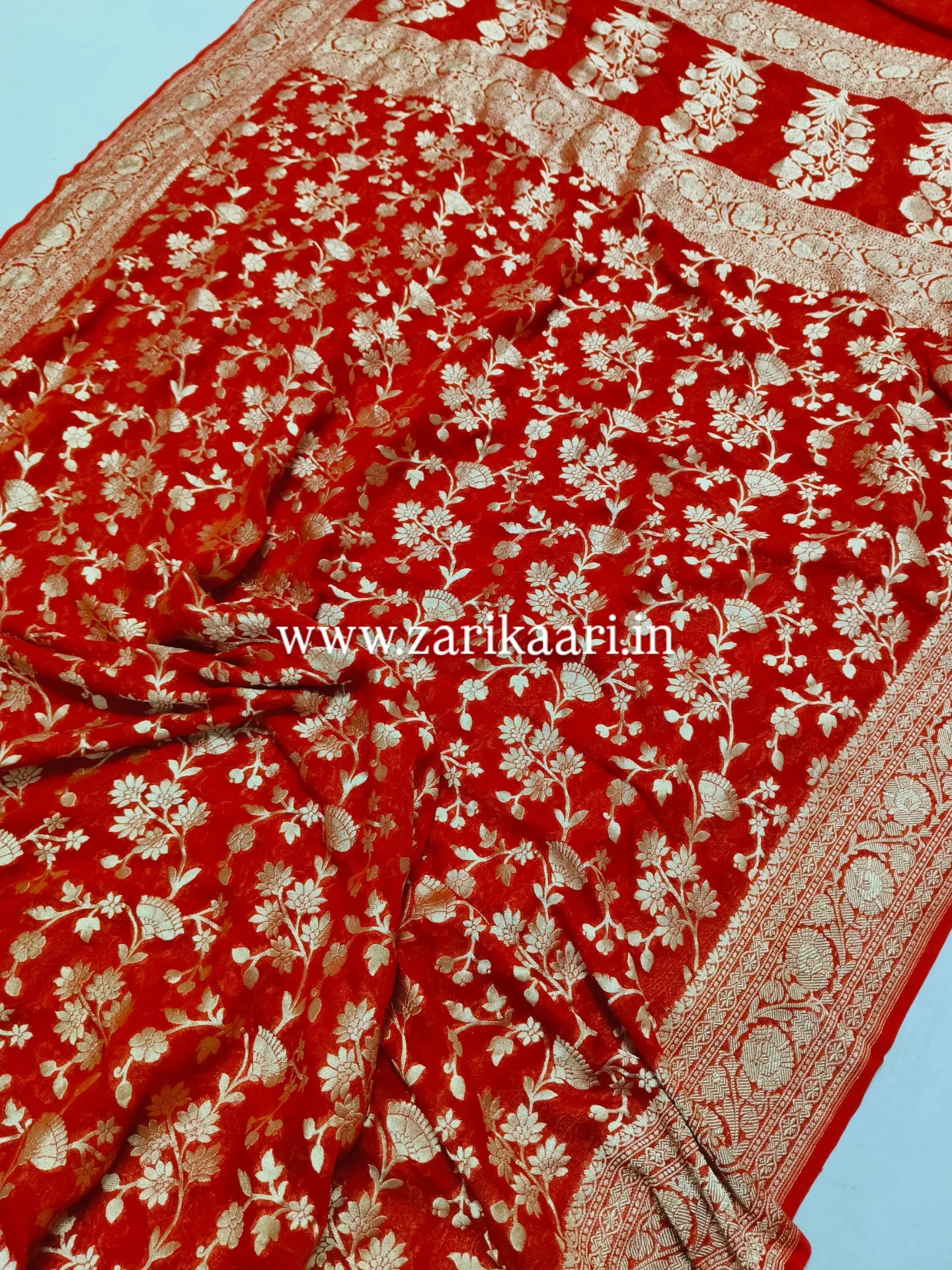 Red Banarasi Pure Handloom Khaddi Georgette Chiffon with Watar-Gold Zari Saree