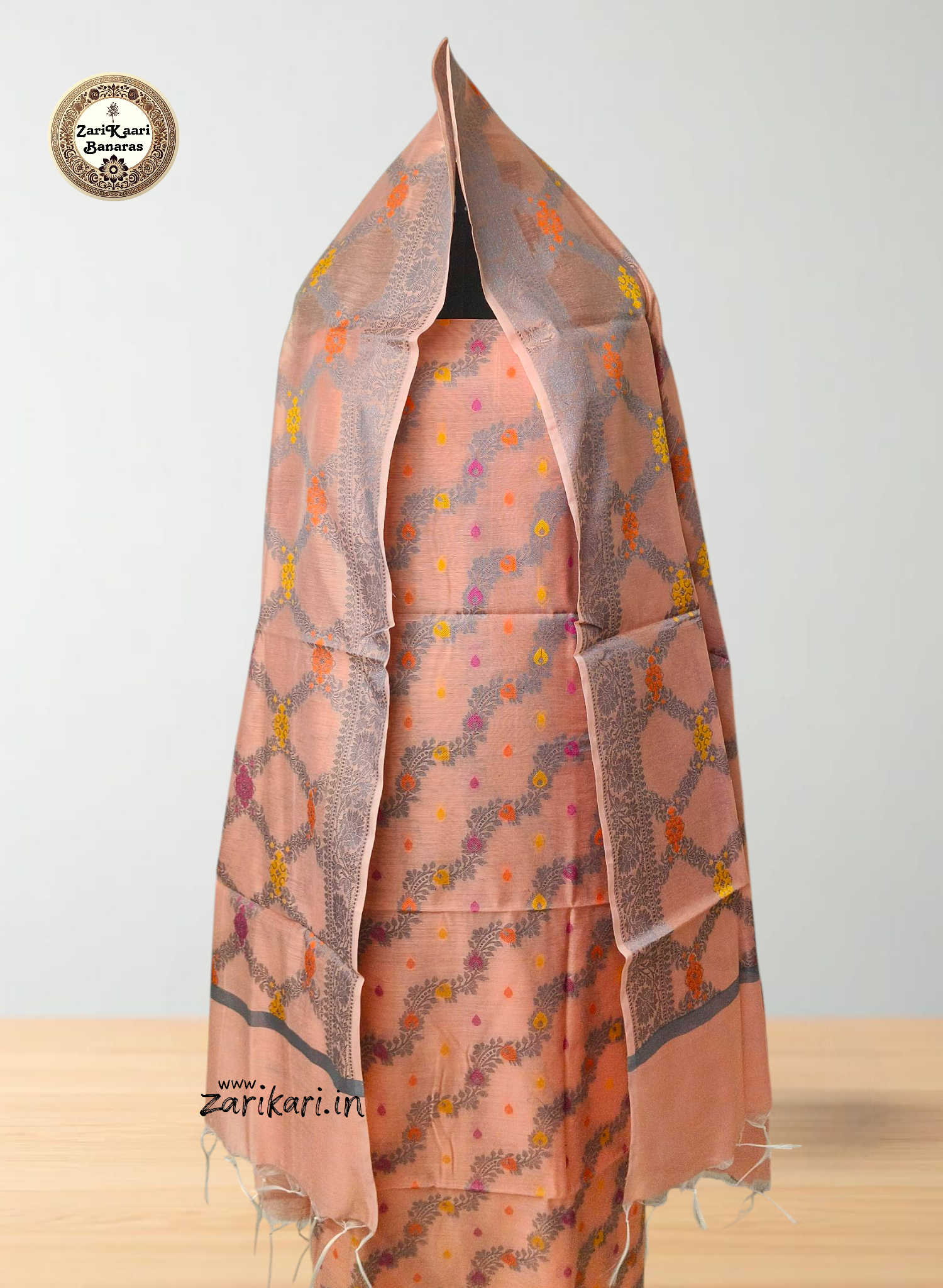 Women's Banarasi Cotton Silk Unstitched Suit Set with Meenedar Dupatta & Bottom (Multicolor Floral, 3-Piece Set)