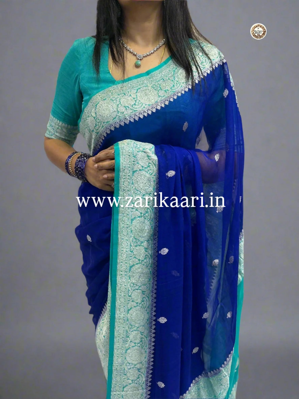 Pure Handloom Georgette Banarasi Saree - Blue-Sky