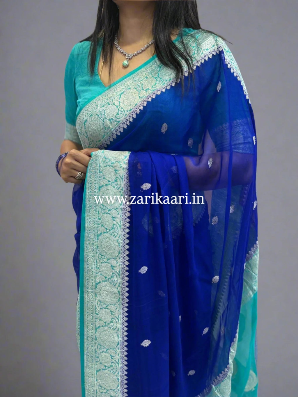 Pure Handloom Georgette Banarasi Saree - Blue-Sky