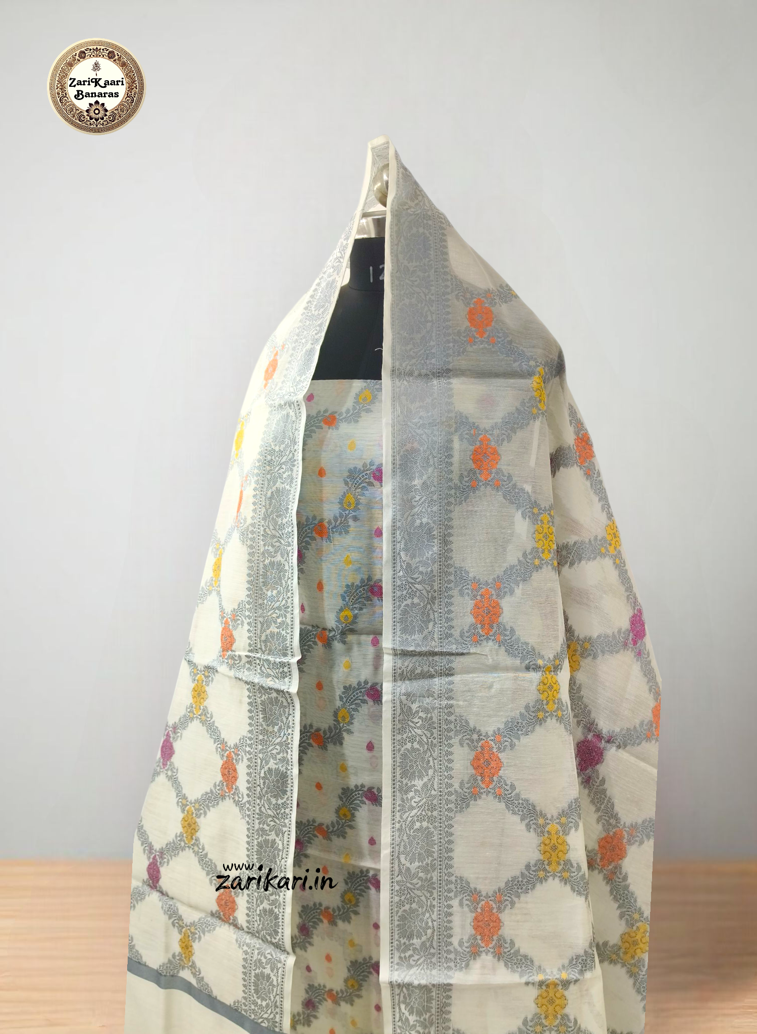 Women's Banarasi Cotton Silk Unstitched Suit Set with Meenedar Dupatta & Bottom (Multicolor Floral, 3-Piece Set)