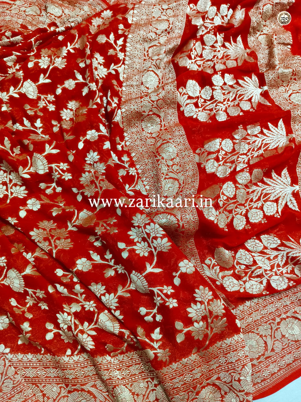 Red Banarasi Pure Handloom Khaddi Georgette Chiffon with Watar-Gold Zari Saree