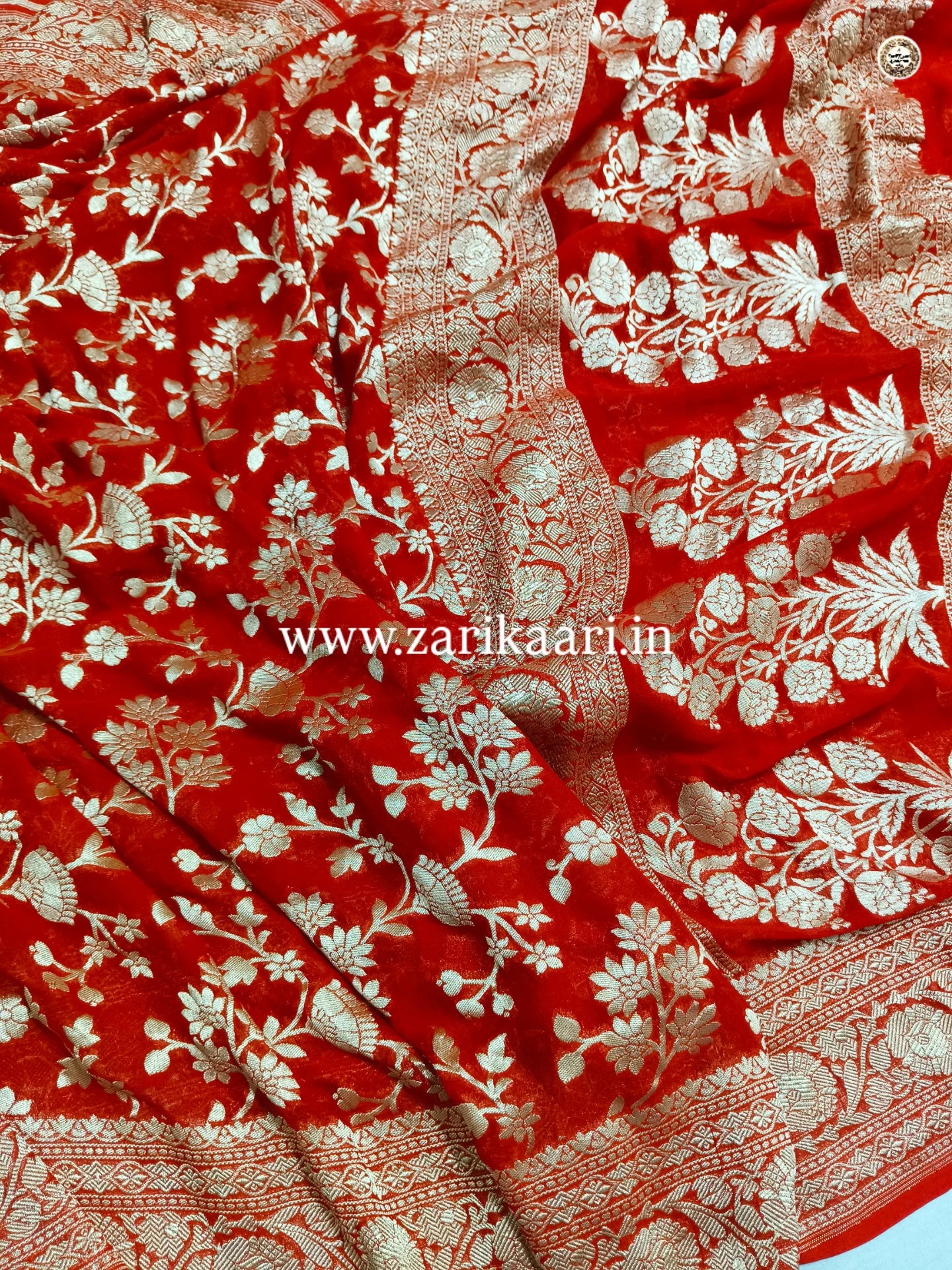 Red Banarasi Pure Handloom Khaddi Georgette Chiffon with Watar-Gold Zari Saree