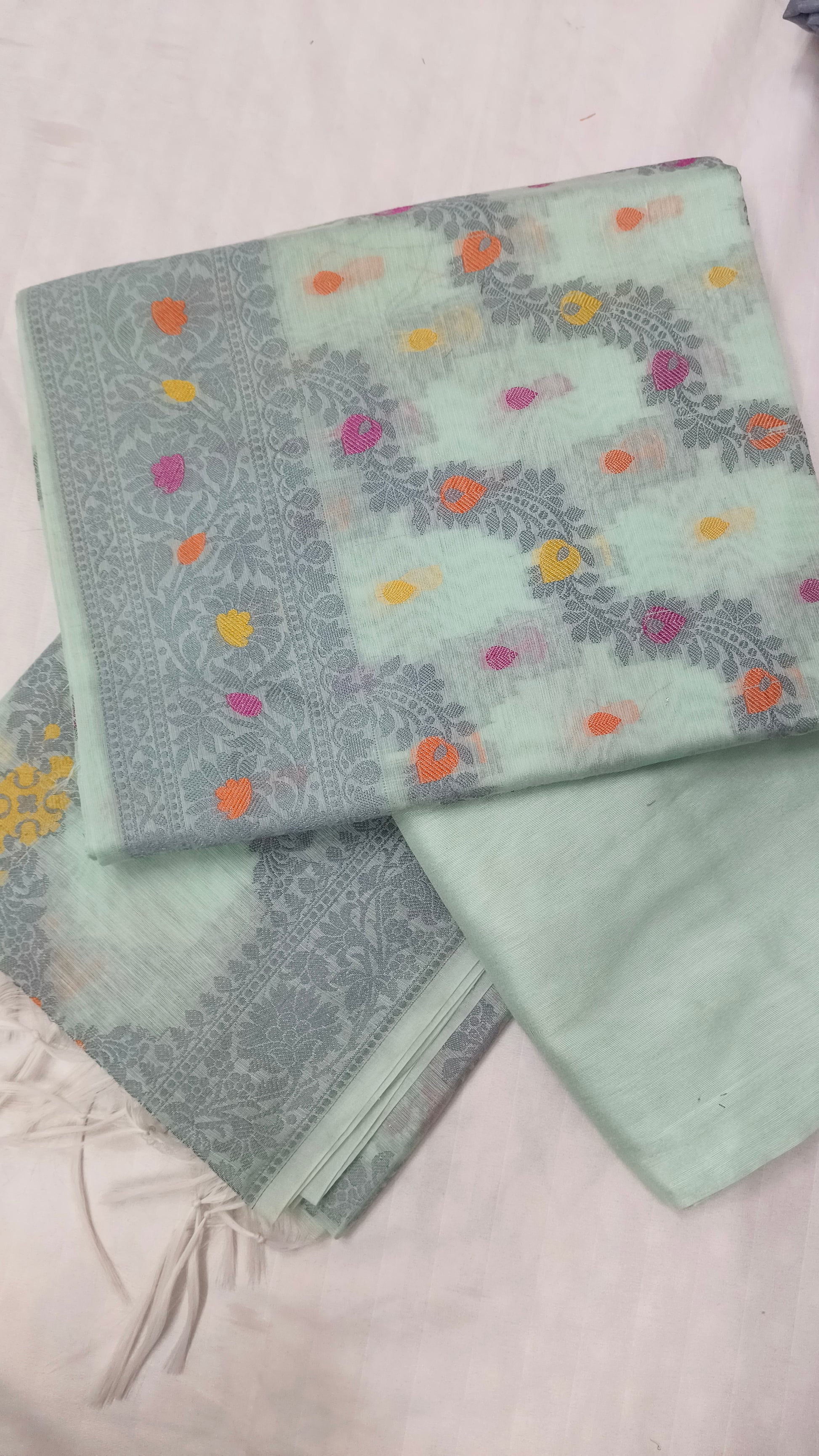 Women's Banarasi Cotton Silk Unstitched Suit Set with Meenedar Dupatta & Bottom (Multicolor Floral, 3-Piece Set)