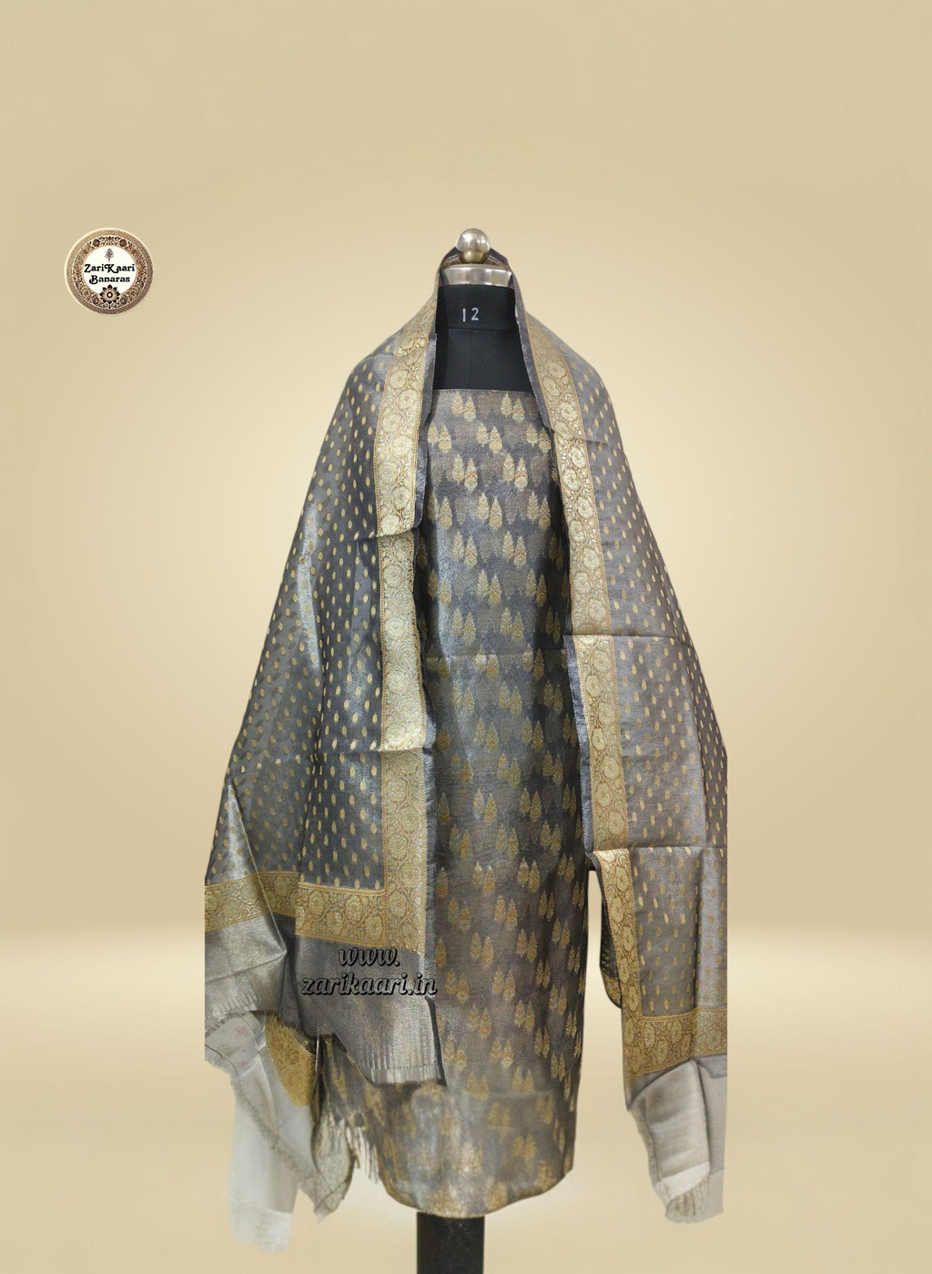 Banarasi Tissue Silk Suit Set with Meenedar Zari Dupatta & Plain Shalwar Boti Work