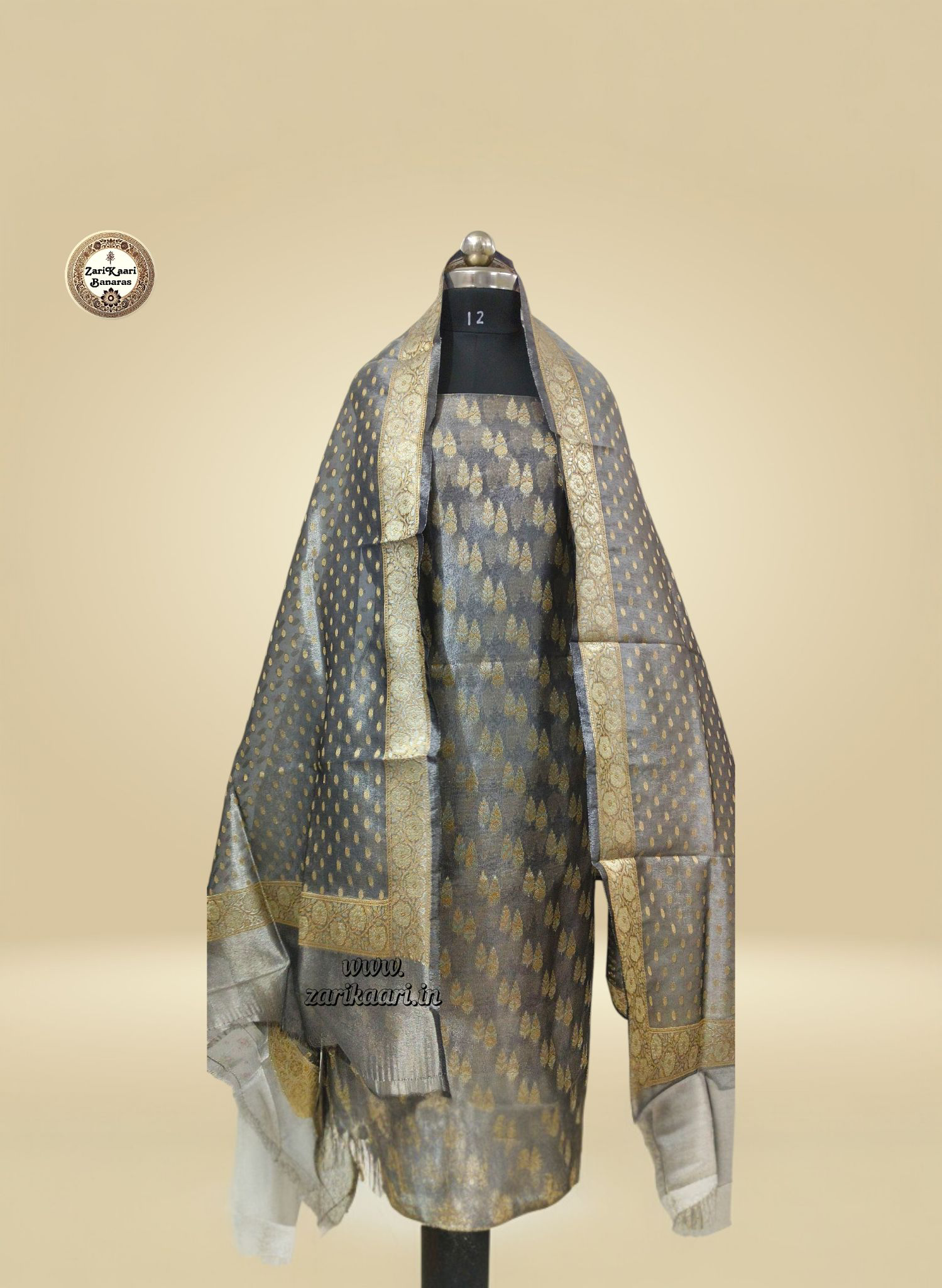 Banarasi Tissue Silk Suit Set with Meenedar Zari Dupatta & Plain Shalwar Boti Work