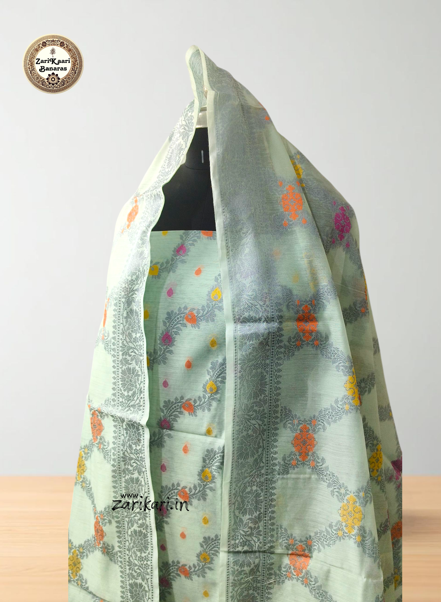 Women's Banarasi Cotton Silk Unstitched Suit Set with Meenedar Dupatta & Bottom (Multicolor Floral, 3-Piece Set)