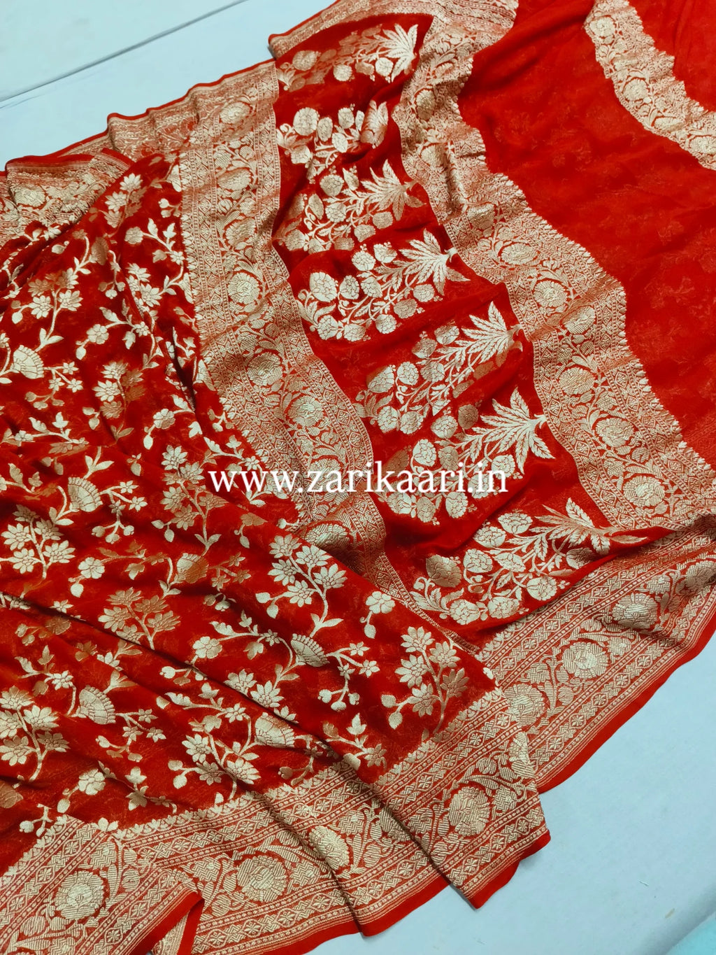 Red Banarasi Pure Handloom Khaddi Georgette Chiffon with Watar-Gold Zari Saree