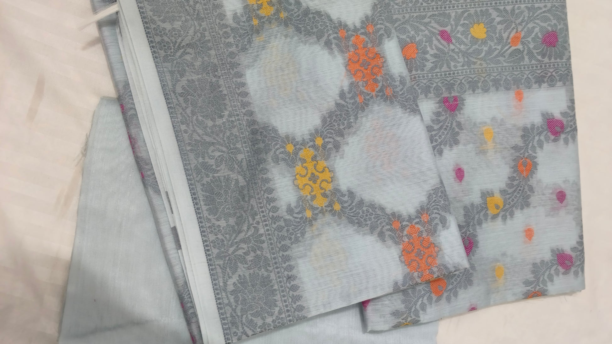 Women's Banarasi Cotton Silk Unstitched Suit Set with Meenedar Dupatta & Bottom (Multicolor Floral, 3-Piece Set)