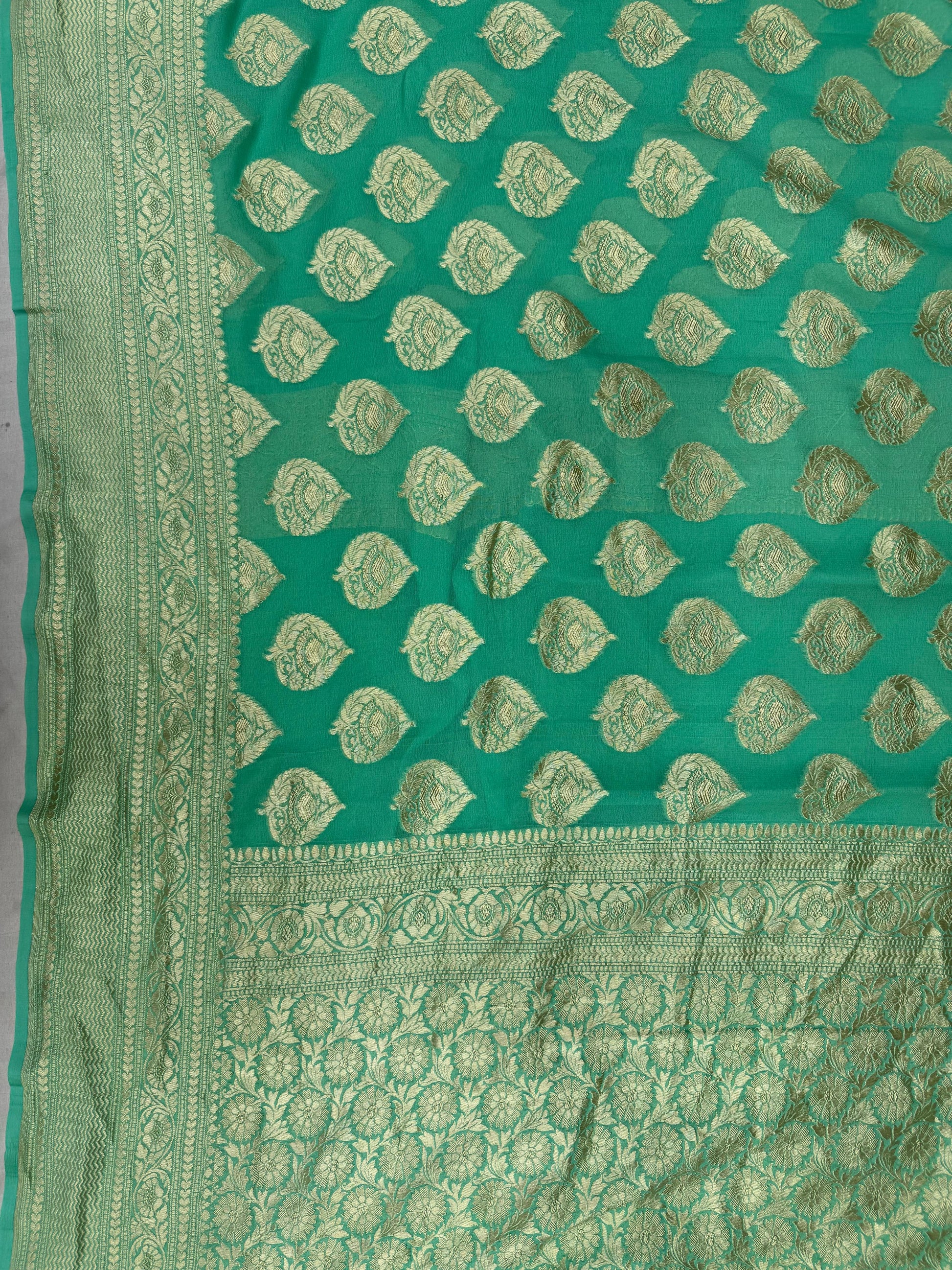 Green Banarasi Pure Handloom Khaddi Georgette Chiffon with Water Zari