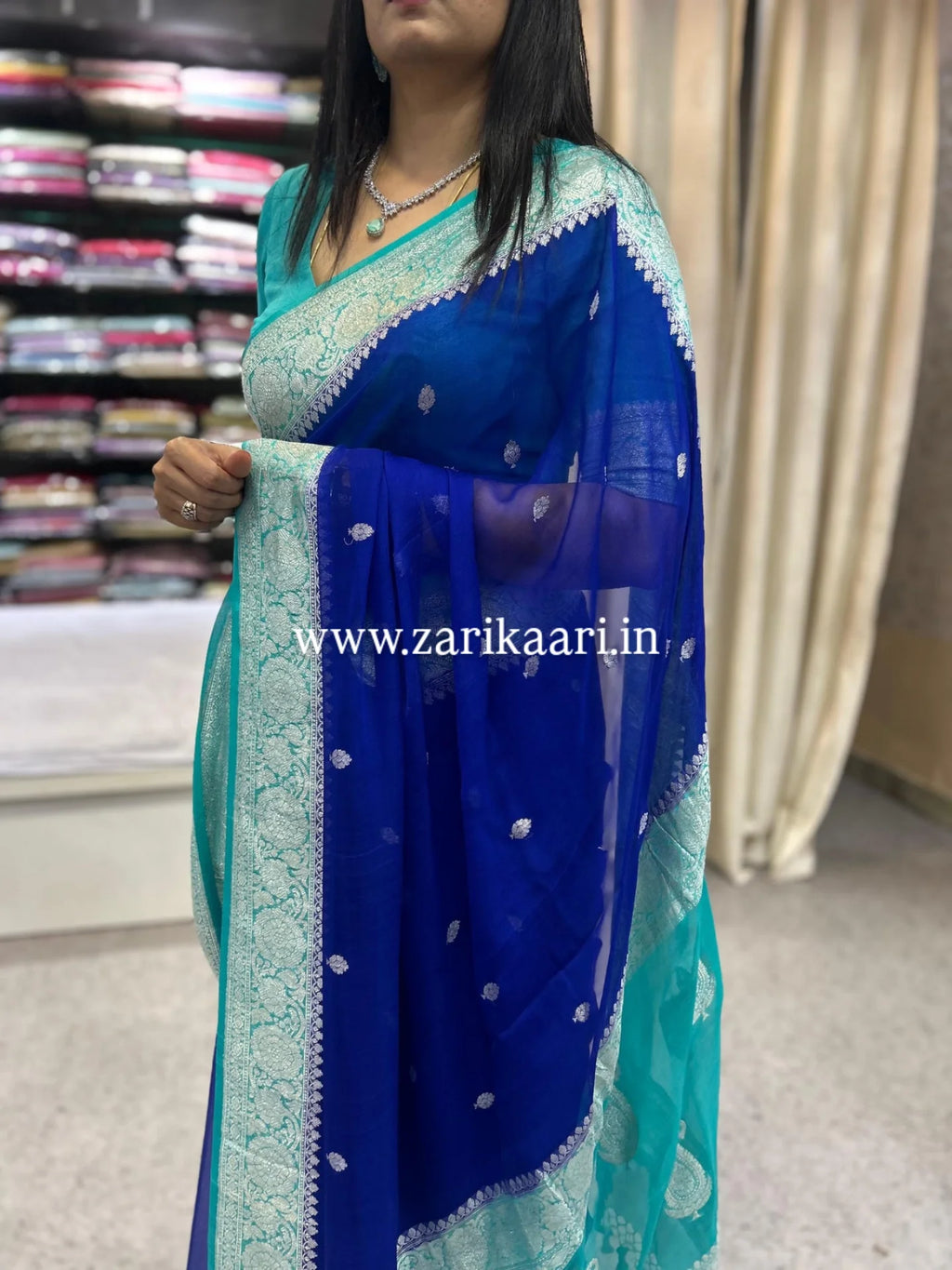 Pure Handloom Georgette Banarasi Saree - Blue-Sky