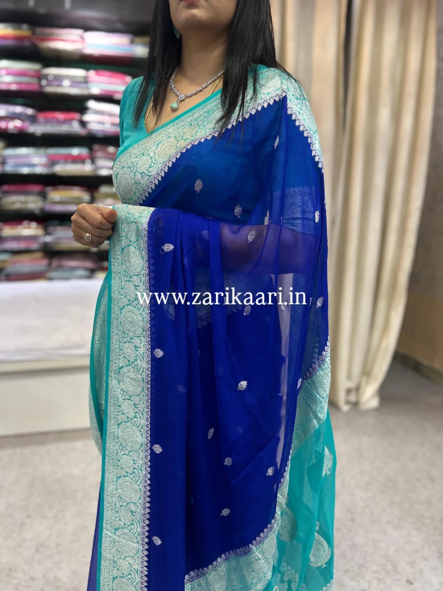 Pure Handloom Georgette Banarasi Saree - Blue-Sky