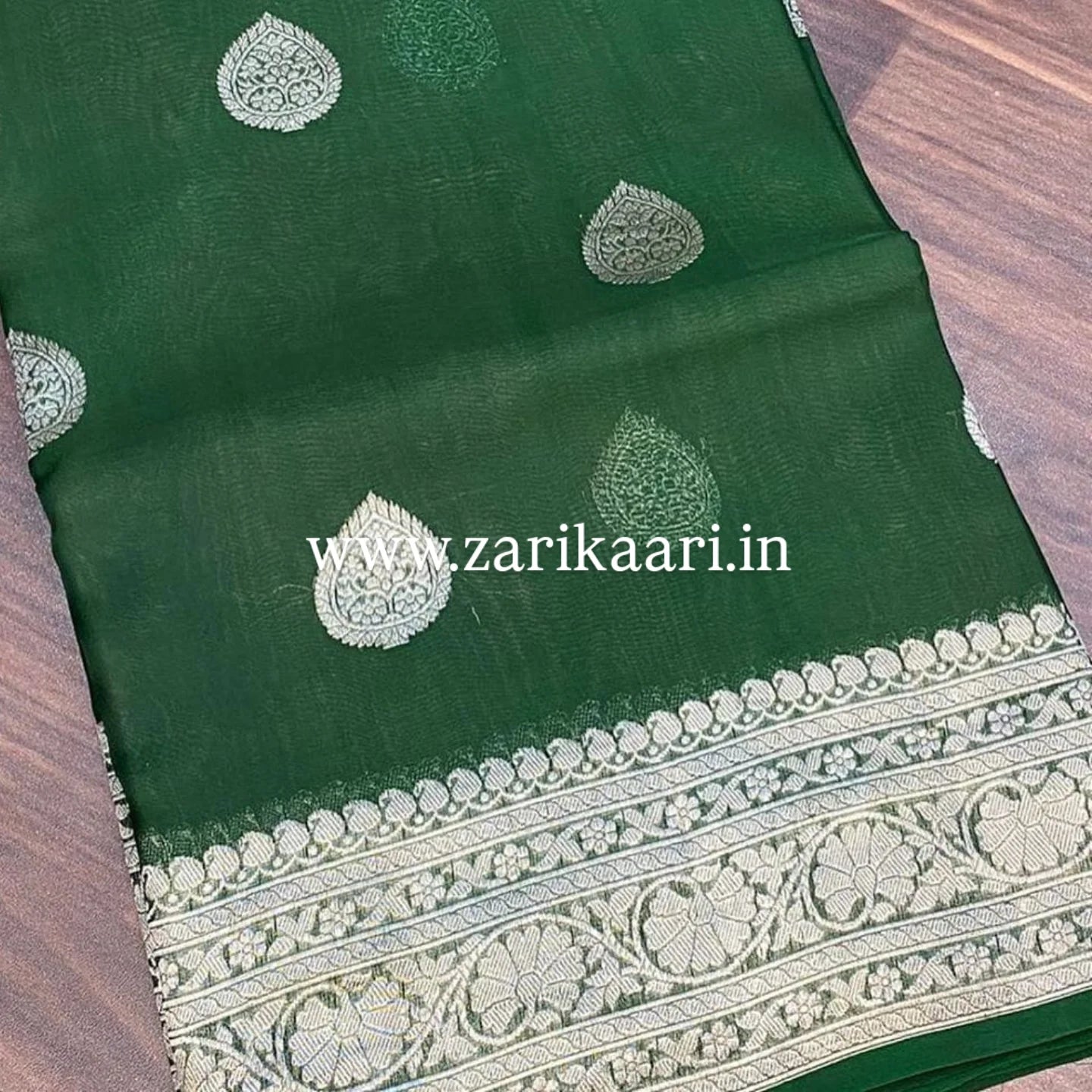 Bottle-Green Banarasi Pure Handloom Chiffon Kadhwa Saree with Ropa Boti.