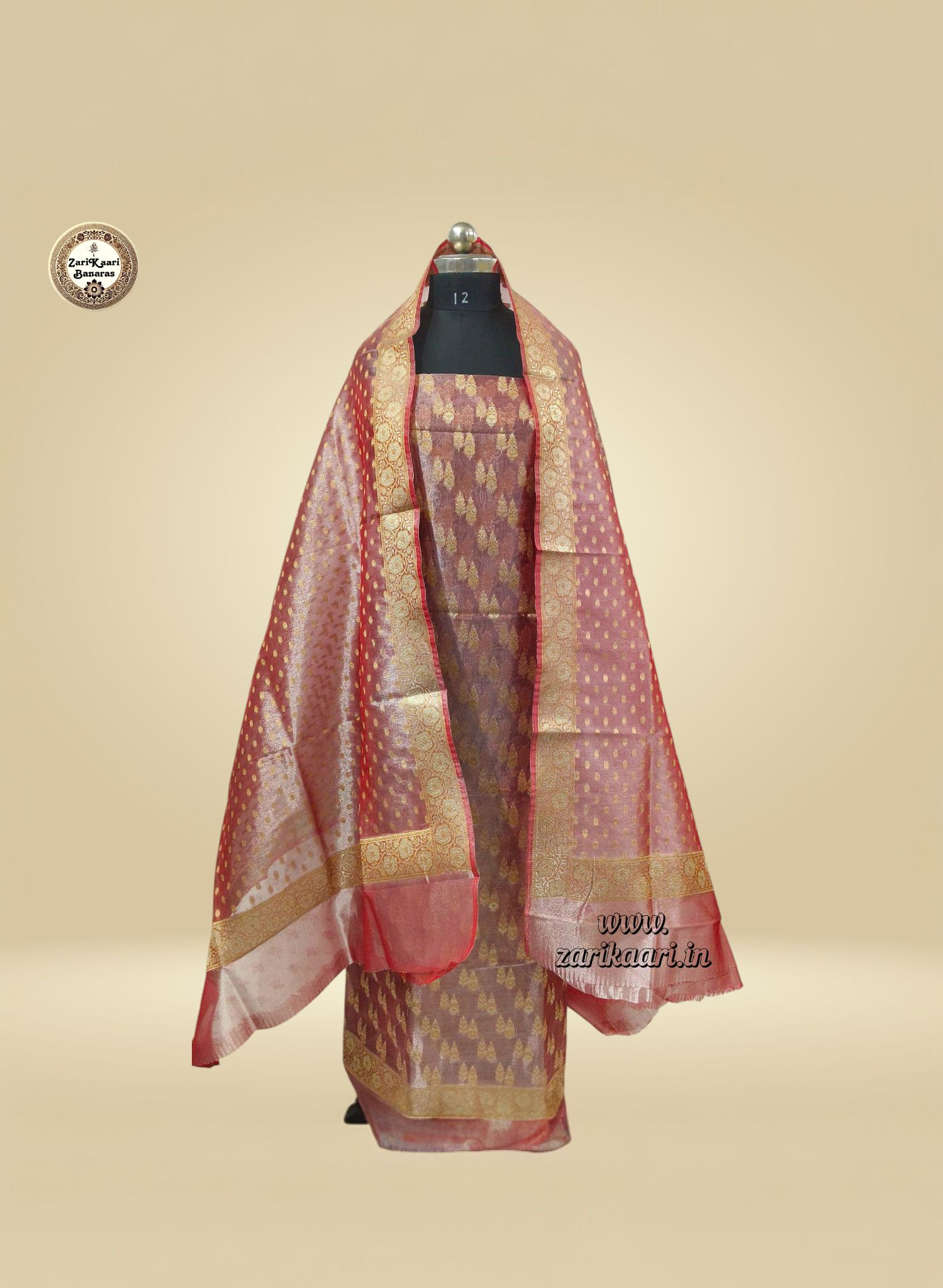 Banarasi Tissue Silk Suit Set with Meenedar Zari Dupatta & Plain Shalwar Boti Work