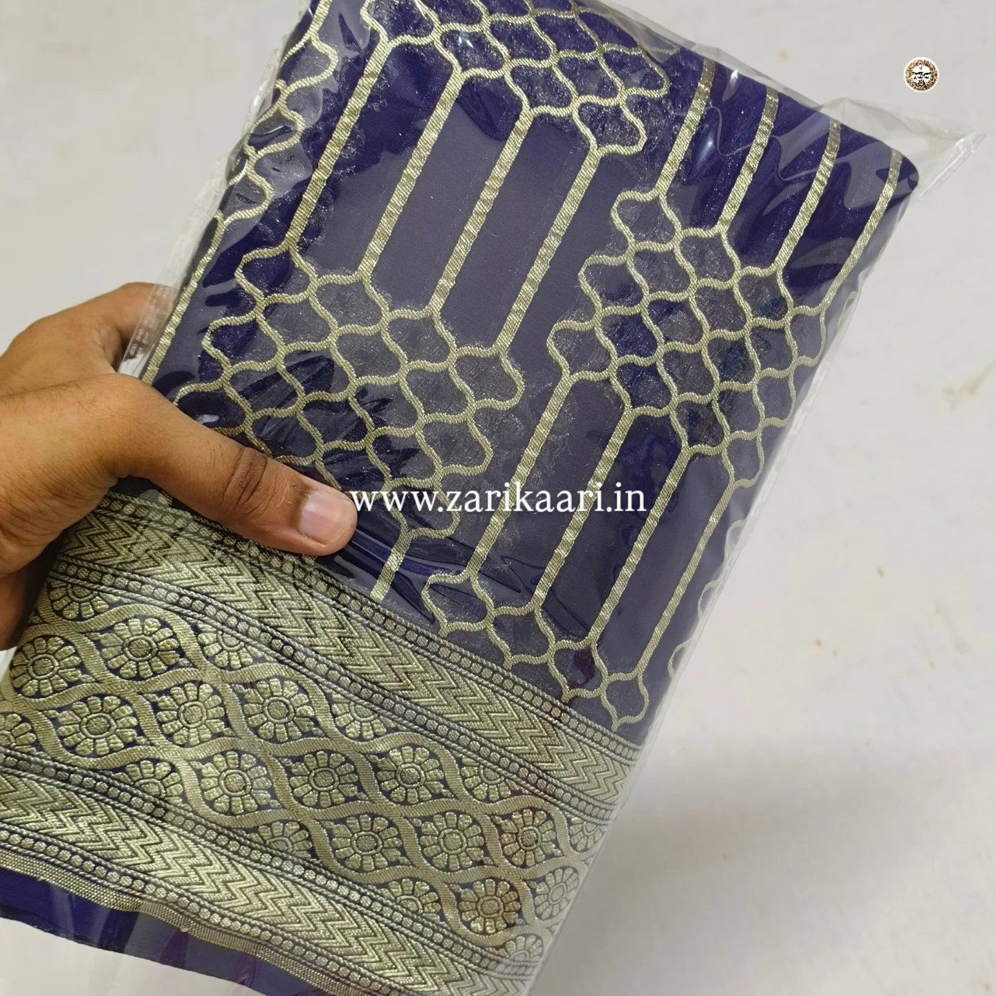 Dark-Blue Banarasi Pure Handloom Khaddi Georgette Chiffon with Water Zari Saree