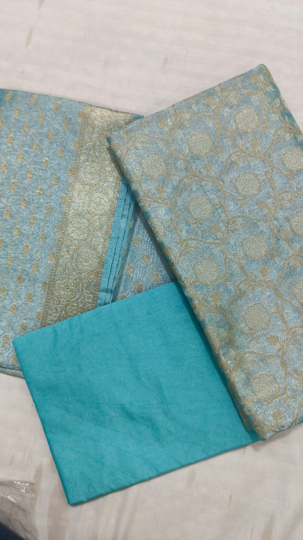 Banarasi Tissue Silk Suit Set with Meenedar Zari Dupatta & Plain Shalwar Jaal Work