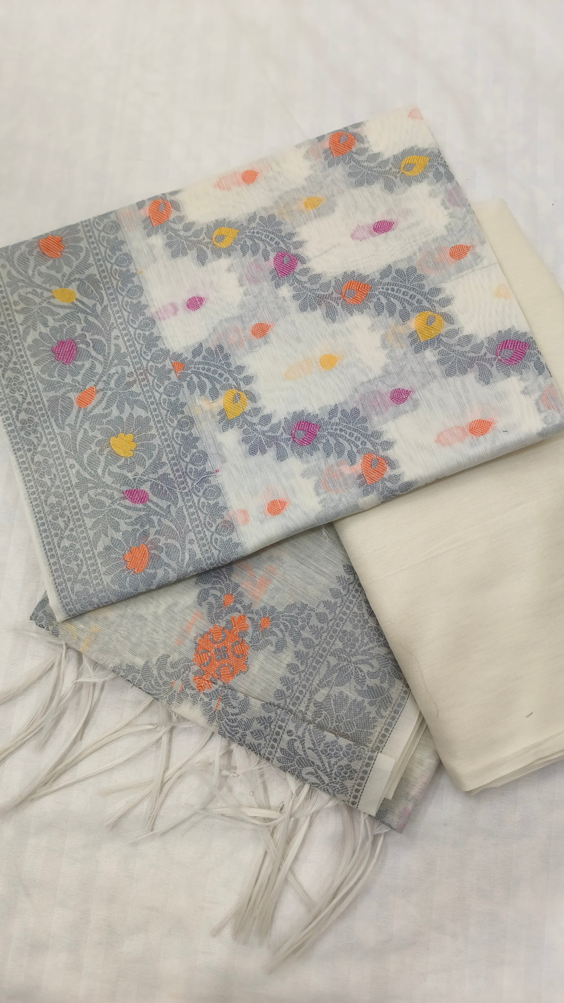 Women's Banarasi Cotton Silk Unstitched Suit Set with Meenedar Dupatta & Bottom (Multicolor Floral, 3-Piece Set)