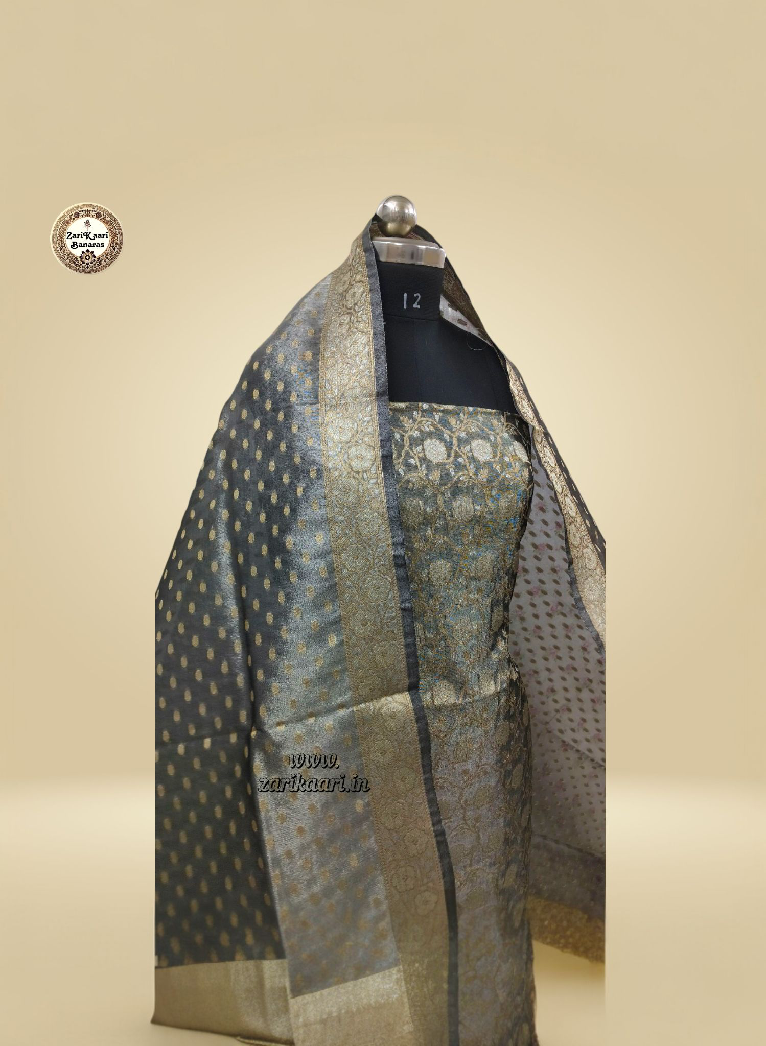 Banarasi Tissue Silk Suit Set with Meenedar Zari Dupatta & Plain Shalwar Jaal Work