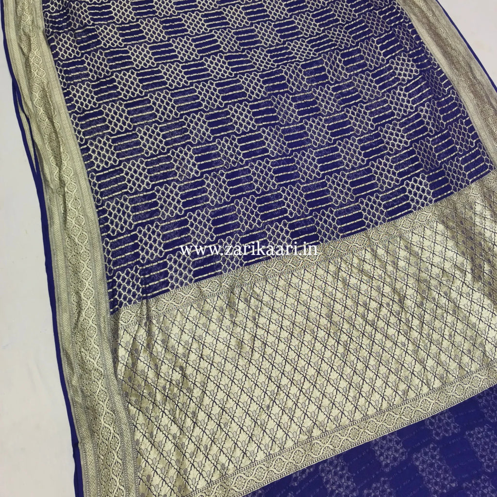 Dark-Blue Banarasi Pure Handloom Khaddi Georgette Chiffon with Water Zari Saree