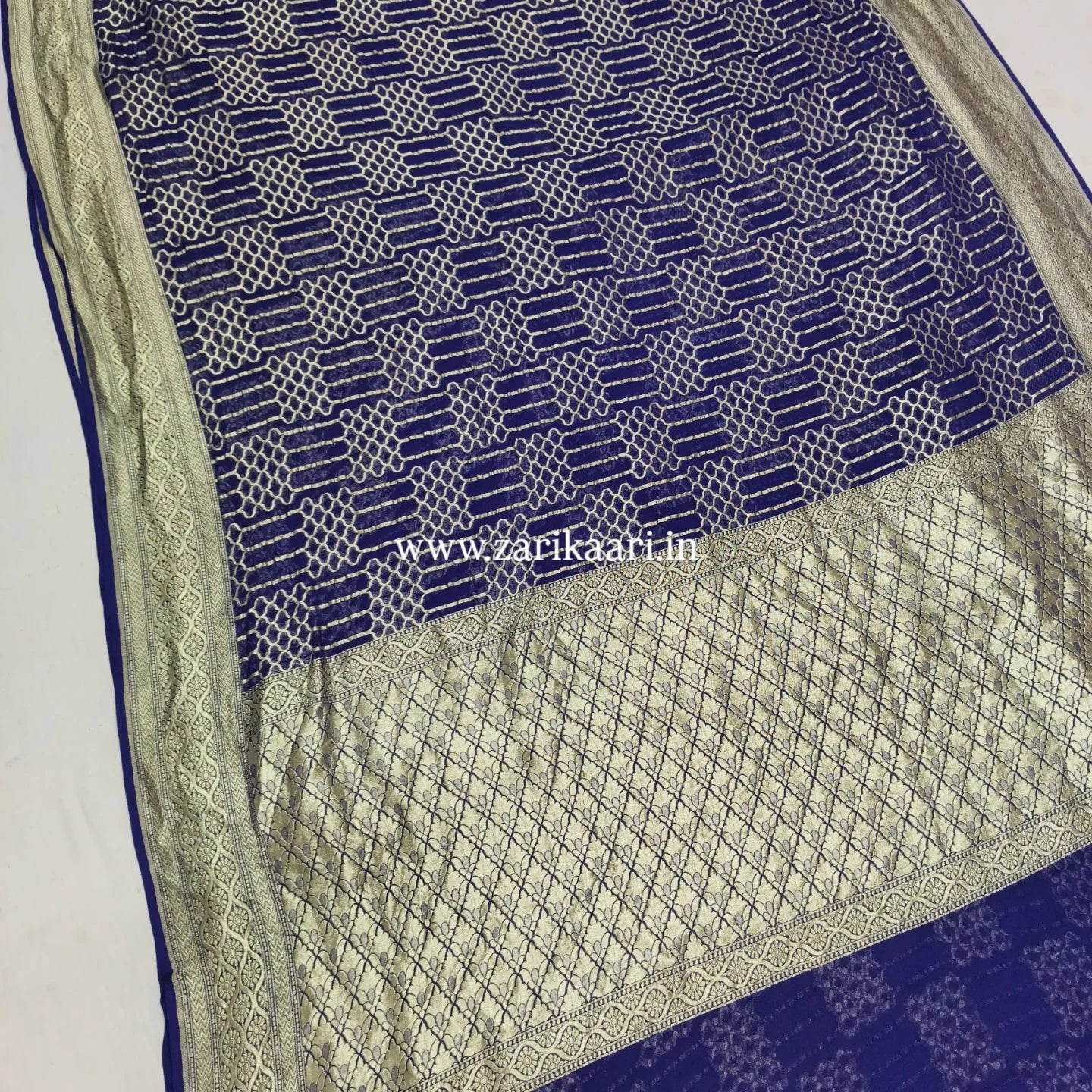 Dark-Blue Banarasi Pure Handloom Khaddi Georgette Chiffon with Water Zari Saree