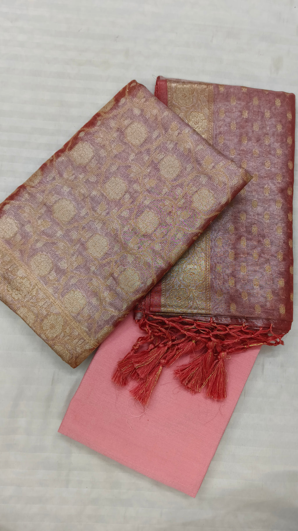 Banarasi Tissue Silk Suit Set with Meenedar Zari Dupatta & Plain Shalwar Jaal Work